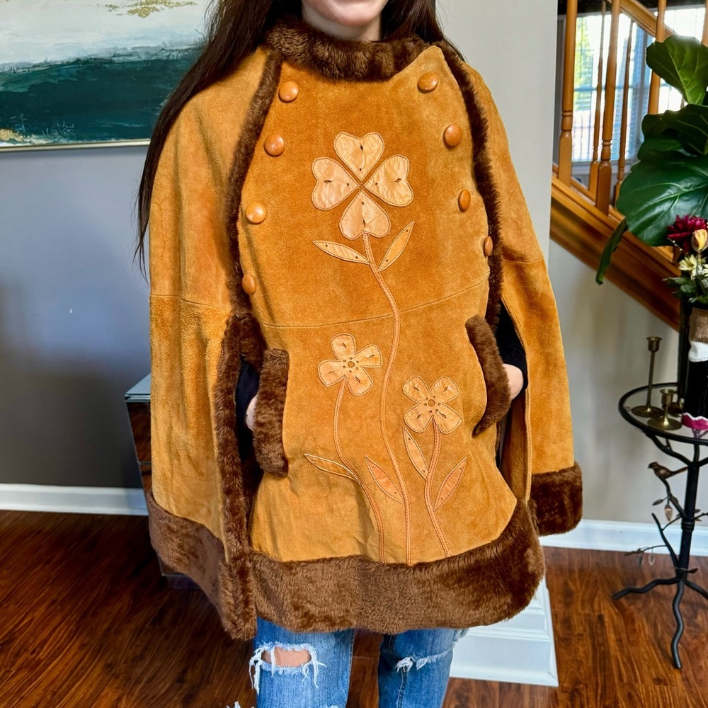 Vintage Leather Poncho Cape Gold Brown one size